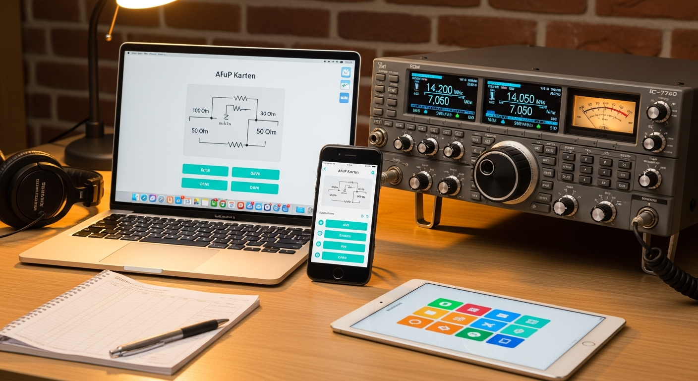 AFuP Karten auf allen Geräten - MacBook, iPhone und iPad neben einem ICOM IC-7300 Transceiver auf einem professionellen Amateurfunk-Schreibtisch